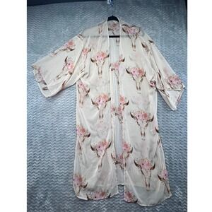 Pink Owl Kimono Duster‎ Cardigan Floral Bull Skull Bohemian Festival Cover Up
